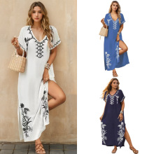 2025新款人棉绣花沙滩罩衫长袍式连衣裙度假防晒衫比基尼罩衫跨境