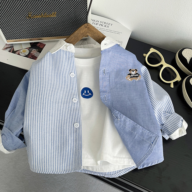 Chaqueta de camisa de costura a rayas de primavera y otoño para niños, chaqueta de camisa de solapa de todo fósforo con bordado de dibujos animados de manga larga para niños