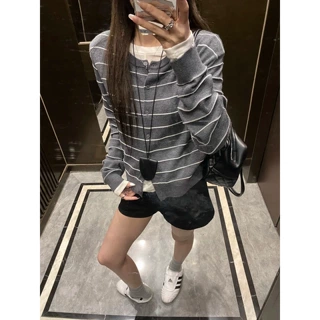 轻职系撞色条纹针织开衫女早秋软糯宽松毛衣外套显瘦通勤长袖上衣