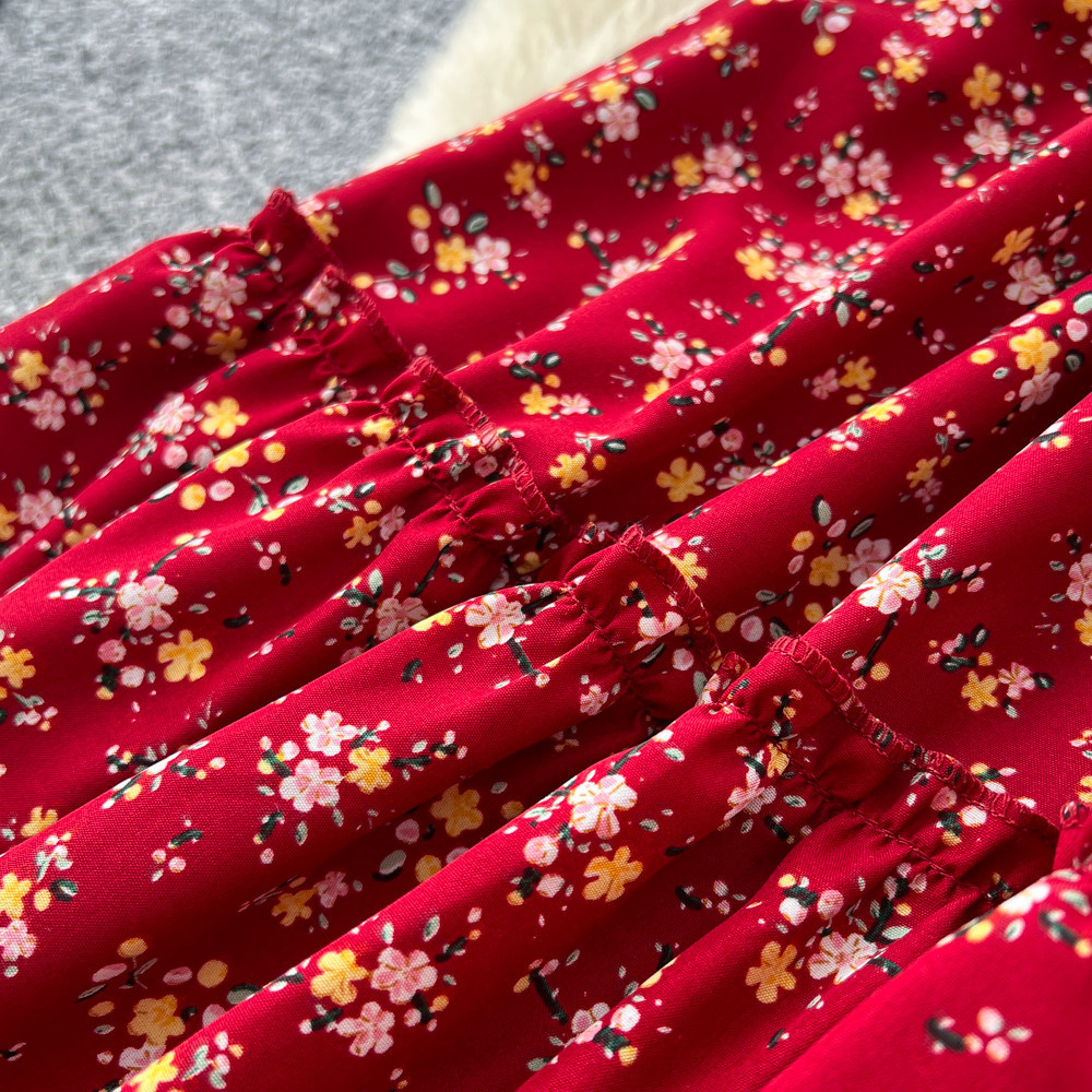 Women's French Sweet Style Square Neck Floral Dress Summer Korean Pleated Waist Tie A-Line Elegant Long Red Dress_ecoleips.com