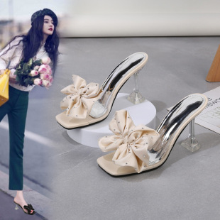Crystal High Heels Women's 2022 New Fashion Stiletto Heel Summer Open Toe Fairy Sandals and Slippers Outer Wear Big Flower Women's Shoes