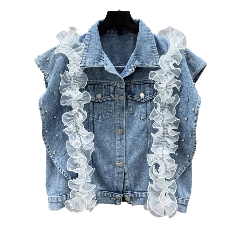 Europa diamante chaleco denim mujer primavera 2025 nuevo suelto delgado sin mangas chaleco de hombro chaqueta marca de moda