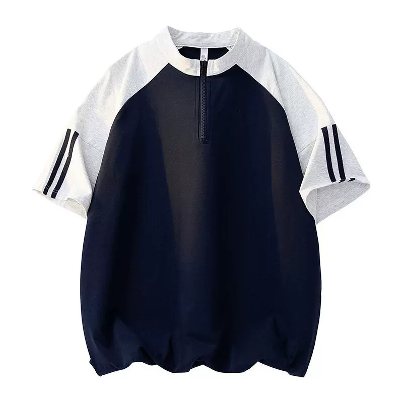 OBCY fashionable youth men's summer new style spliced ​​stand-up collar five-sleeve T-shirt men's versatile fast commuting style