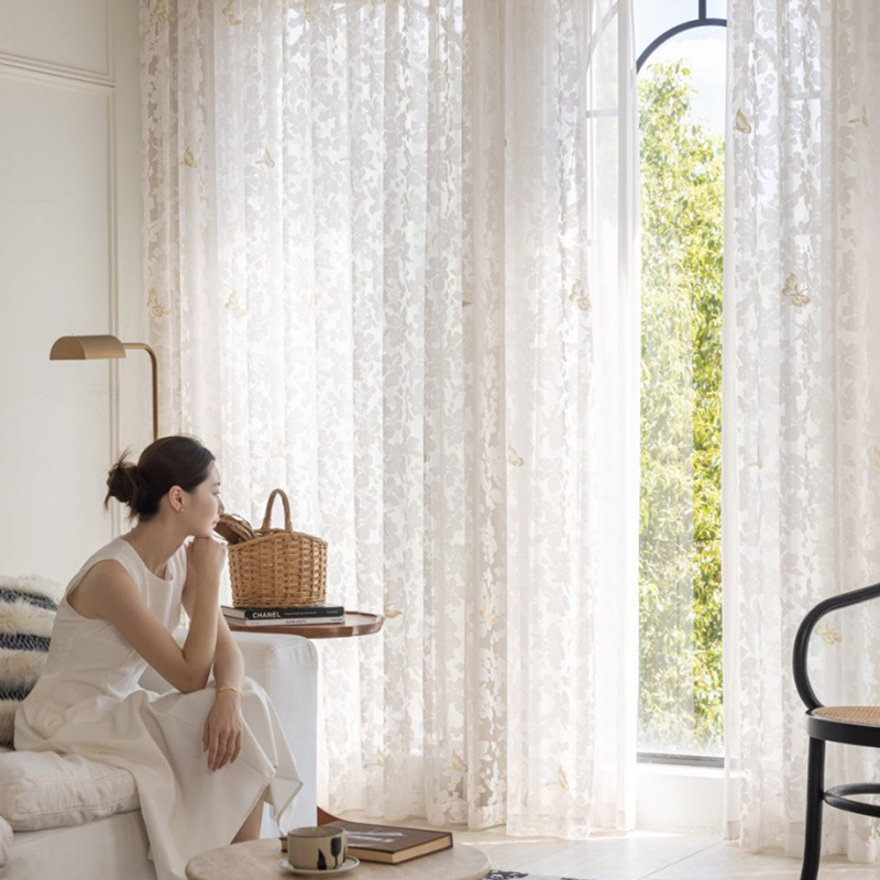 New American-Style Balcony Butterfly Love Flower Gauze Curtain Light and Shadow Semi-Transparent French-Style Chinese-Style Living Room Bedroom White Window Screen