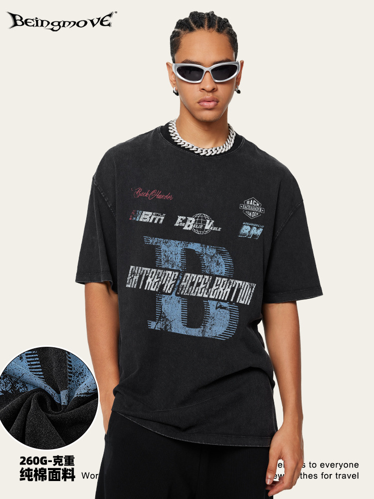 2025 verano americano de nicho de marcas de carreras letras de manga corta lavado casual hacer viejas camisetas de hombres y mujeres de tamaño grande