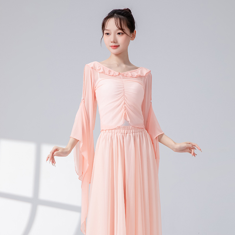 女性用クラシックダンス練習服、メッシュリボン、フリル、新しいスプライシングパフォーマンス服、トップス、エレガントな中国舞踊服|undefined