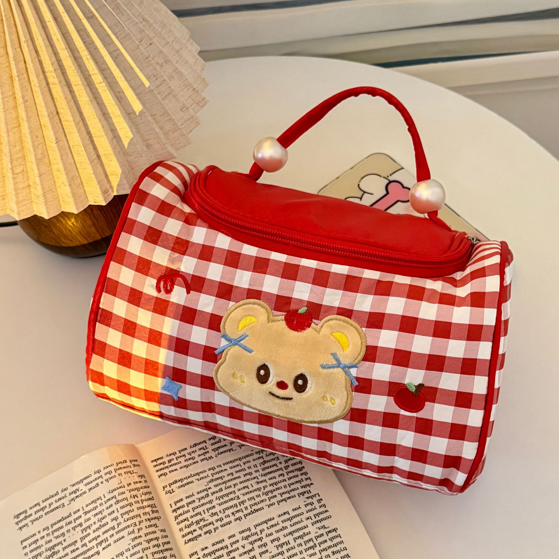 Red cosmetic bag, with little bears, with embroidery