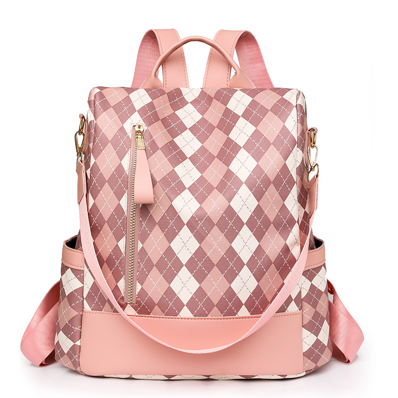 2023 nueva mochila antirrobo de cuero suave para mujer de color en contraste, mochila de viaje ligera al aire libre de gran capacidad a cuadros de moda