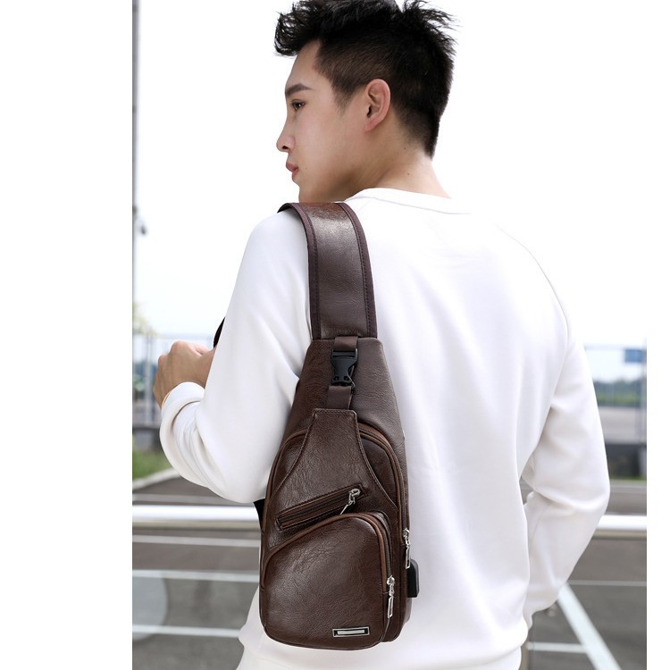 2025 New Casual Men's Shoulder Bag Outdoor Sports USB Charging Chest Bag Men's Pu Business Crossbody Bag