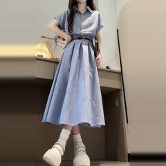 2025新款韩系学院风蓝色短袖衬衫连衣裙子女夏季气质高级收腰长裙