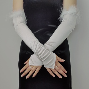 50cm Women's Retro Satin Feather Gloves 1920S Long Elbow-Length Satin Elastic Plush Lace Ceremonial Gloves