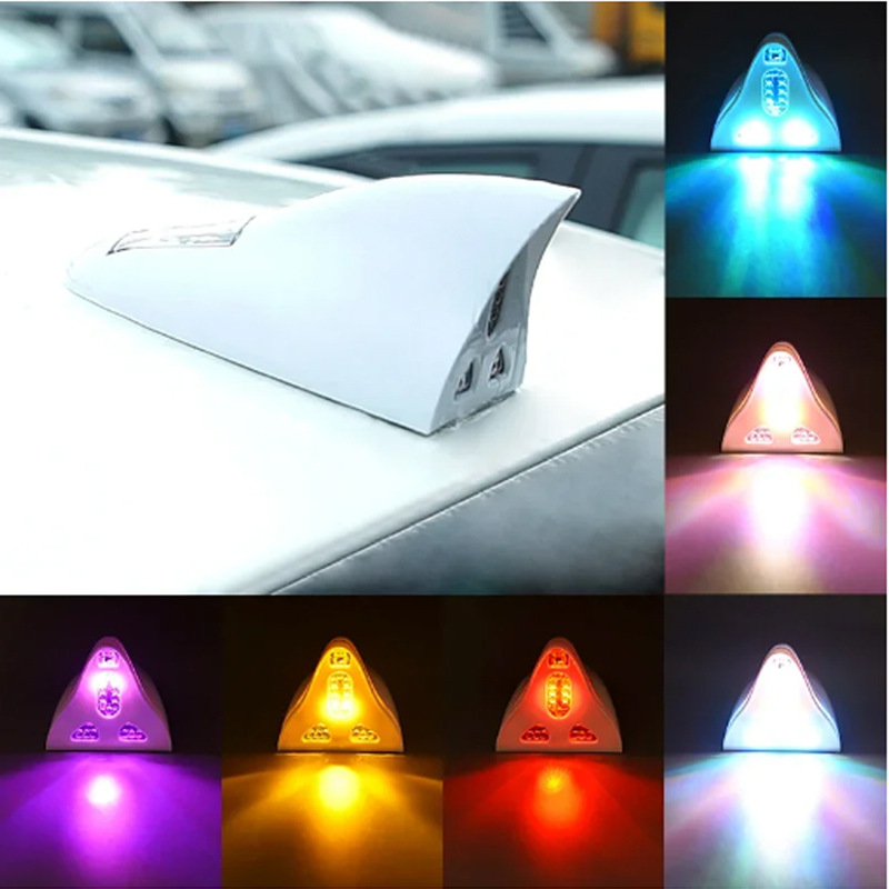 Car solar-powered shark fin radio antenna with flashing lights, remote-controlled body decoration, replacement for the original car roof spoiler light