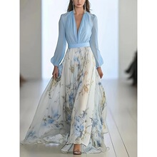 G 76151 Digital Print V Neck Spliced Long Dress ƴ�ӳ�������