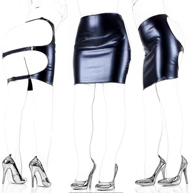 艾斯乐 Black polyurethane sexy mini-skirt, skirt, hip-accented