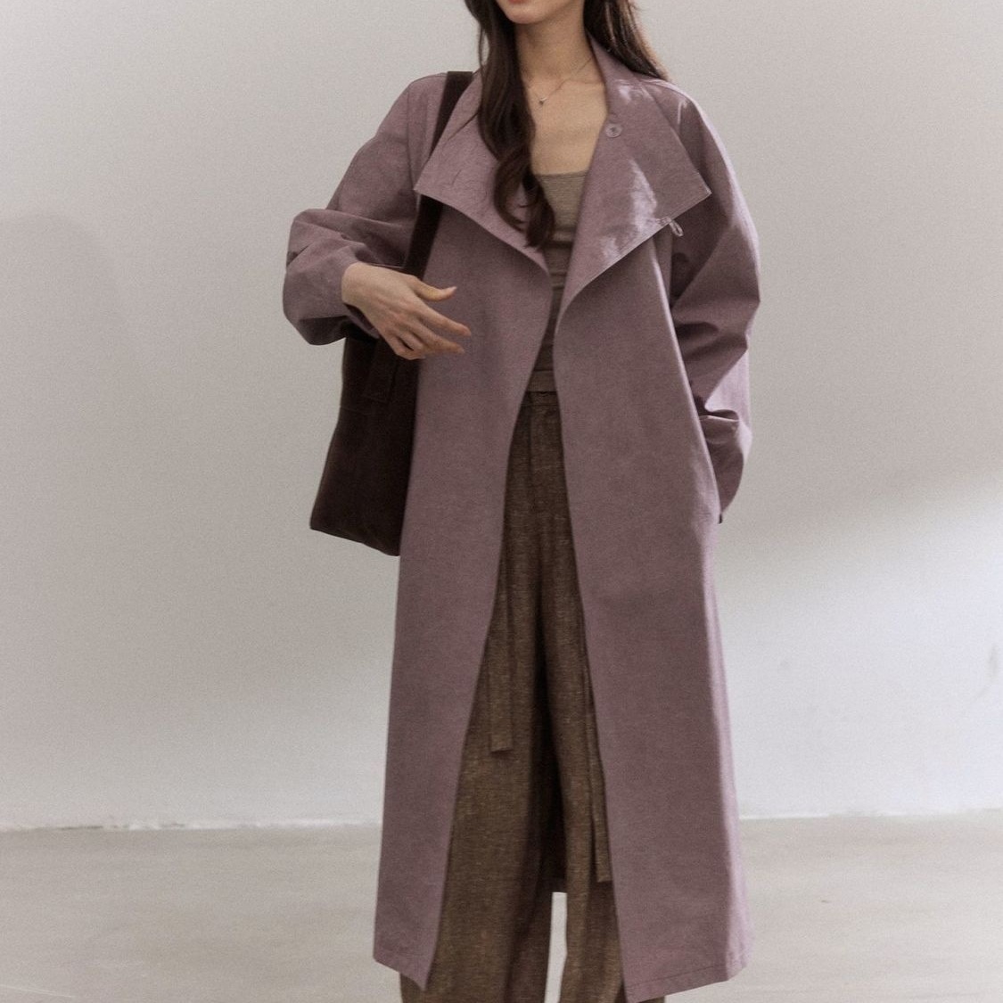 紫色感风衣外套女2025秋季新款宽松收腰显瘦气质极简长款大衣