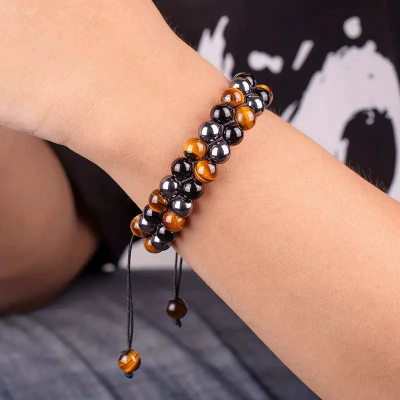 Однорядный натуральный камень трехцветный вязаный браслет, регулируемый тигровым глазом агат, черный желчный камень 8mm