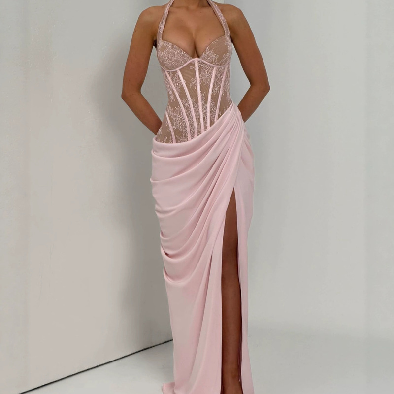 Halter Neck Long Gown with Floral Sheer Lace, Fishbone Shaping, Multi-Layered Ruching at the Waist, High Slit, and Floor-Length Skirt