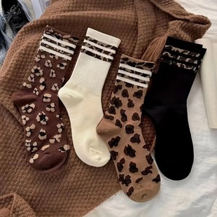 Socks Women's Mid-length Socks Spring and Autumn Korean Style Fashionable Socks Spotted Leopard Print Stockings All-match Non-slip Women's High Socks