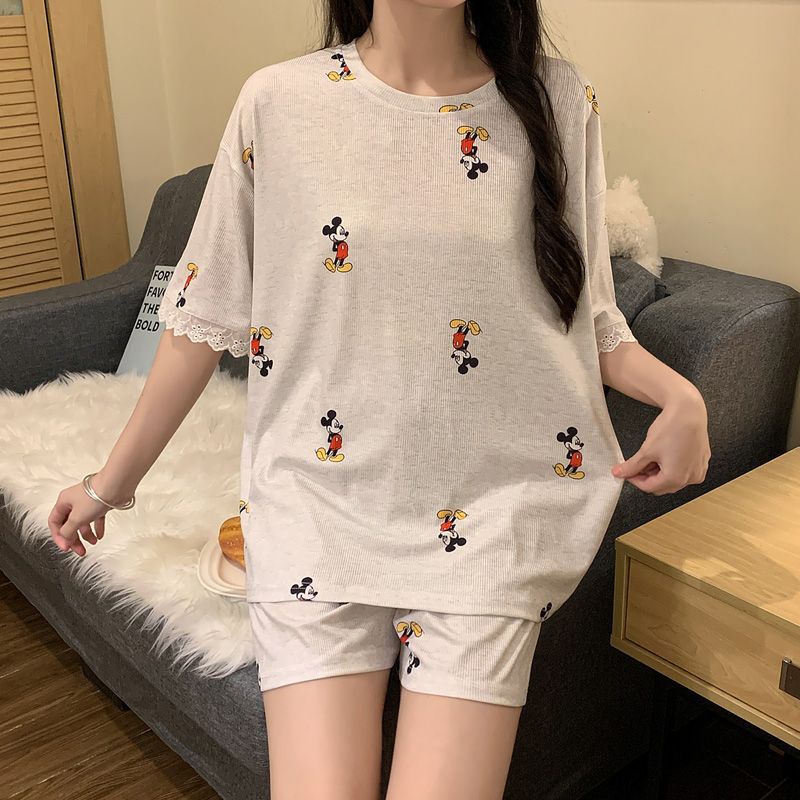 Fabricantes de comercio exterior de verano nuevo pijama de mujer de verano estriado hielo manga corta conjunto de dibujos animados ropa de hogar suelta se puede usar fuera