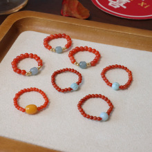 天然南红戒指戒子蜜蜡海纹石和田玉高级感弹力指环新中式转运珠