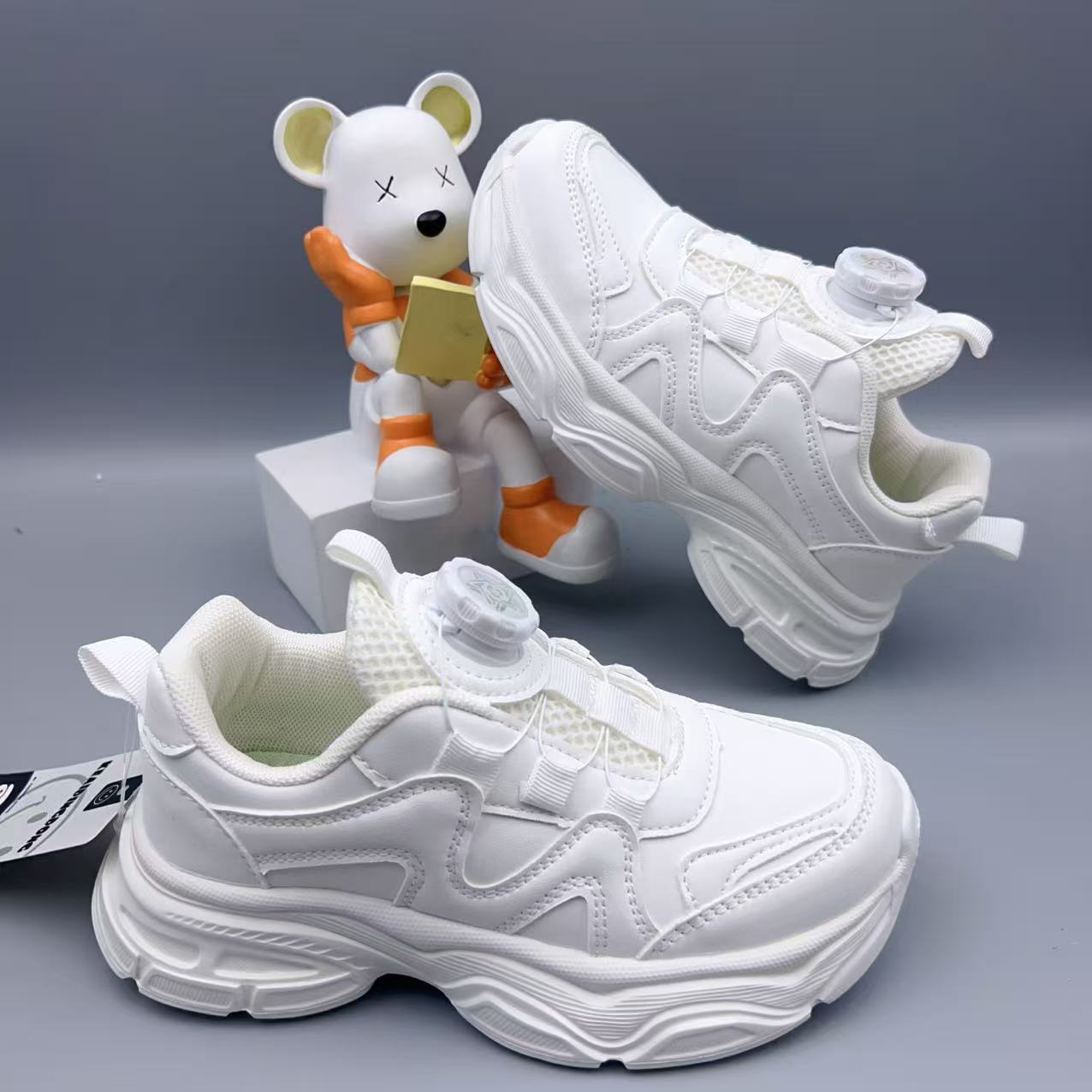 Children's New Leather Light-Soled White Shoes 2025 Autum Medium and Large Kidsren's Rotating Buckle Student Campus-Specific White Shoes