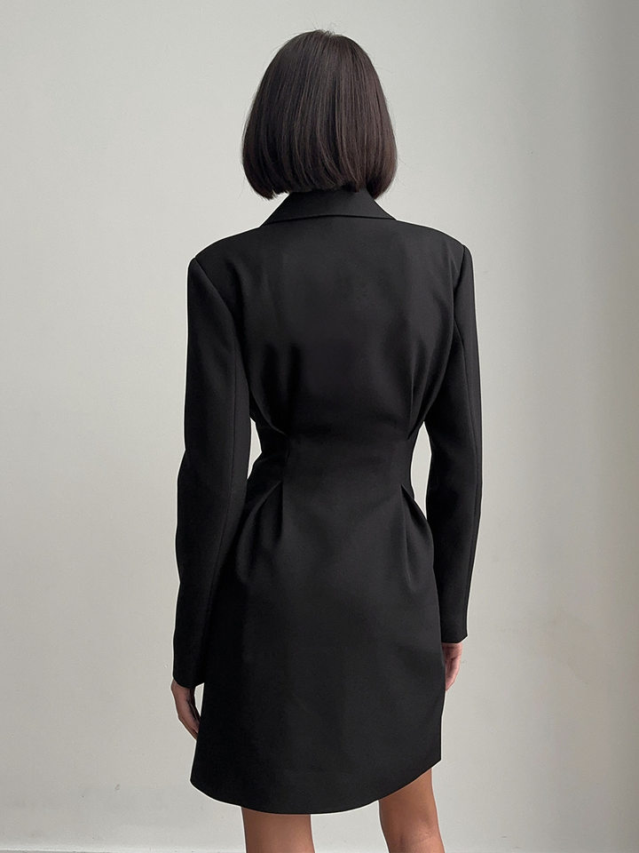 Đầm blazer nữ dáng chữ A cổ chữ V dài tay thắt eo cạp cao — Màu trắng, Màu đen