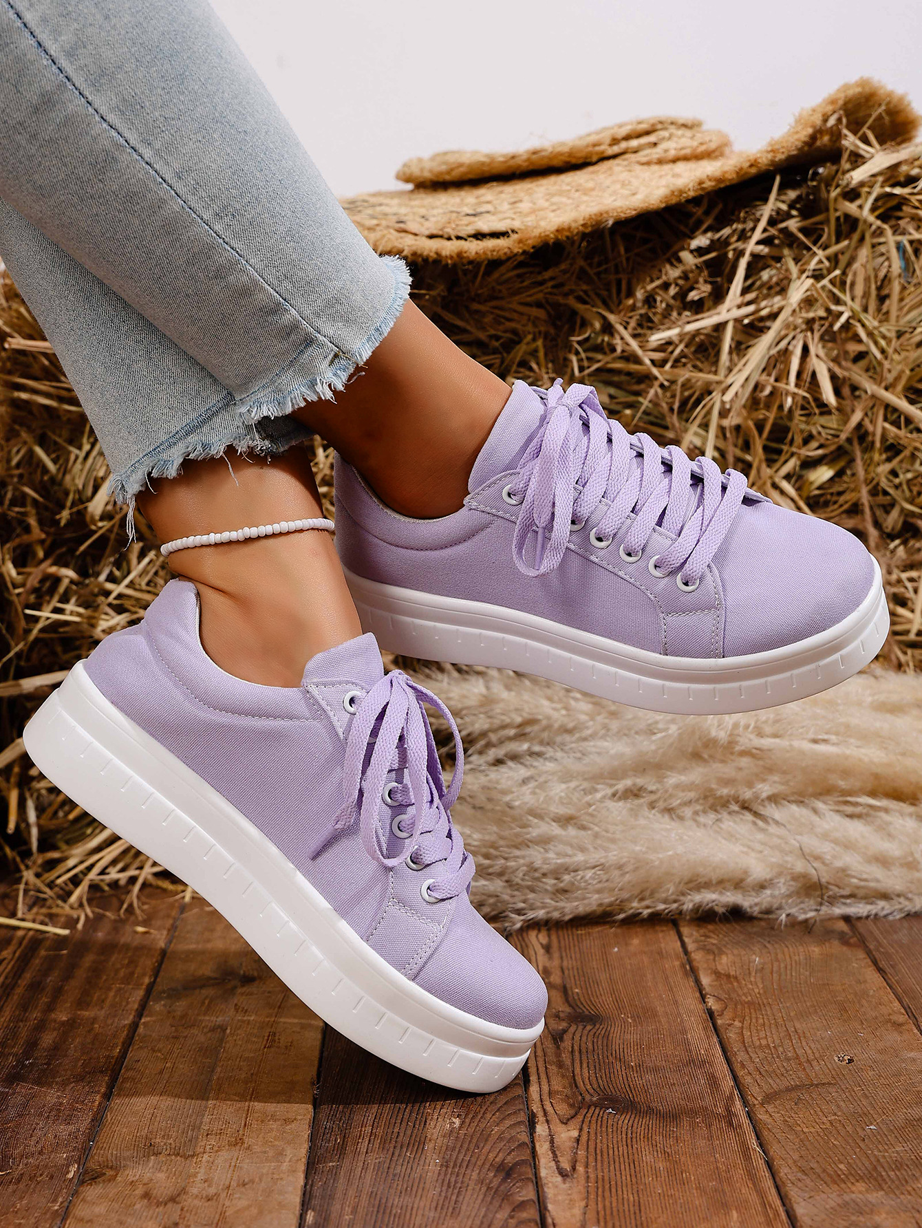 Women's Lace-up Casual Trainers For Women Round Toe Thick Sole_voghion.com