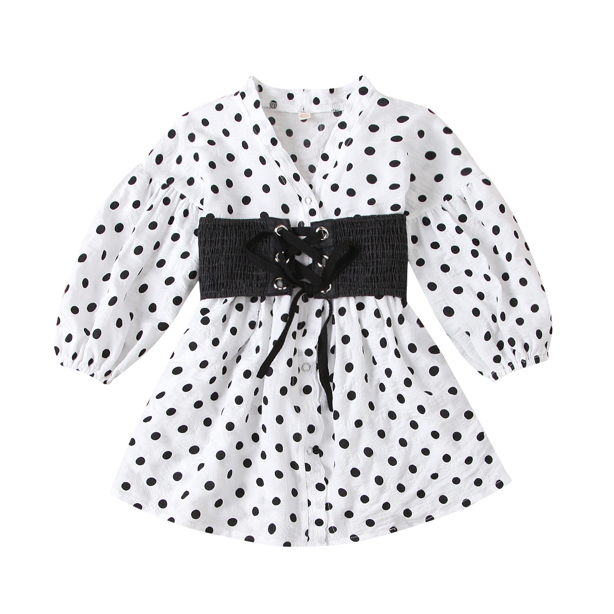 Neue kinder kleidung prominente stil mädchen polka dot V-ausschnitt unterrock + elastische denim krawatte zwei-stück set_voghion.com