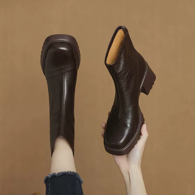 Ретро квадратные кожаные ботинки в британском стиле толстые каблуки женские 2024 новые осенние и зимние каблуки плюшевые тонкие ботинки Martin сапоги