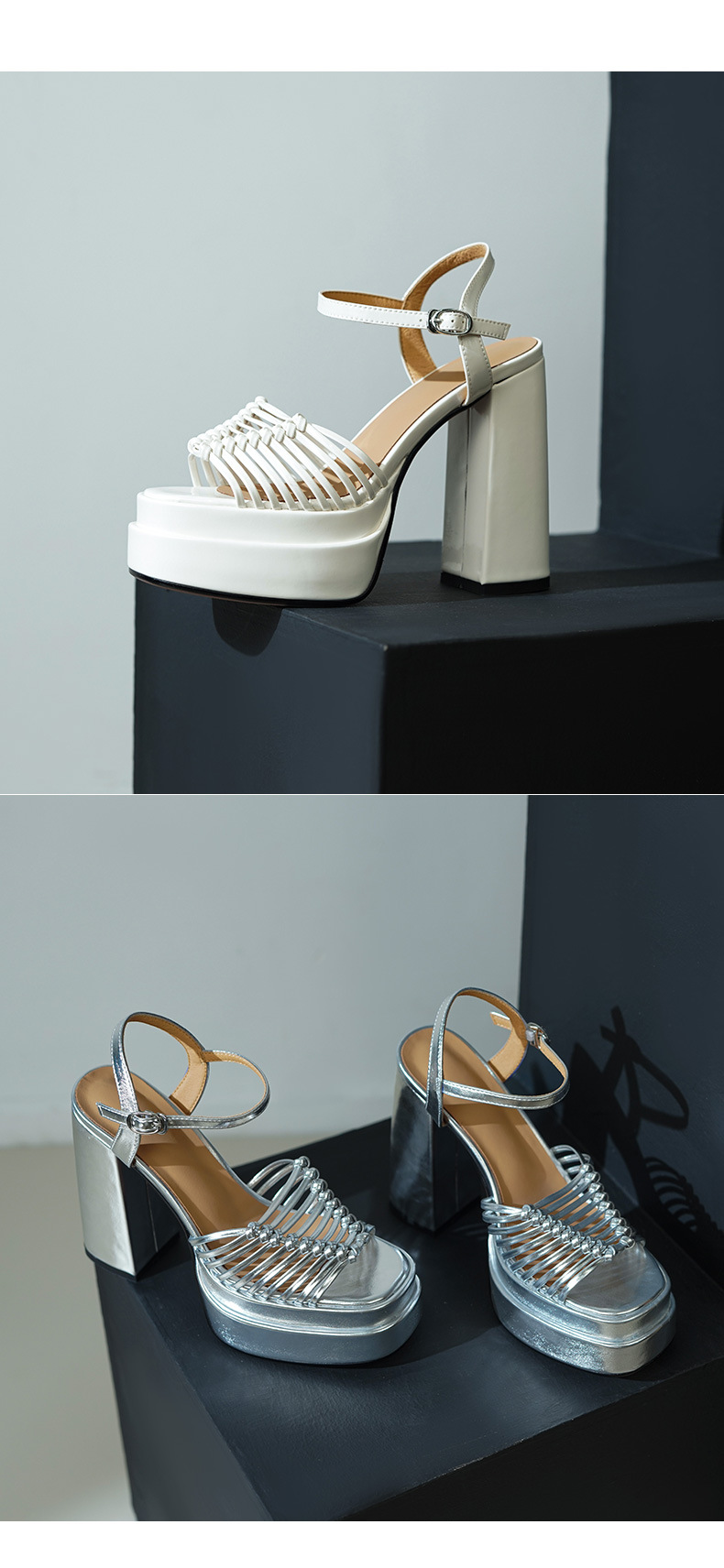 Sandal cao gót nữ hở mũi quai mảnh đan chữ một, gót 13 cm — màu vàng chi tiết 7
