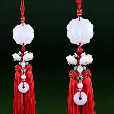 pendant green jade gourd car: Car hanging - white-jade-peace-pixiu-red-tassel-lotus-style