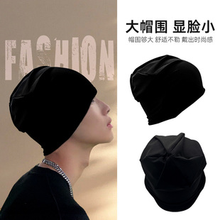 Fashionable Black Korean-Style Beanie for Men, Casual Thin Hat, Loose and Versatile, Suitable for Large Head Circumference, Makes Face Look Smaller, Slouchy Hat for Women