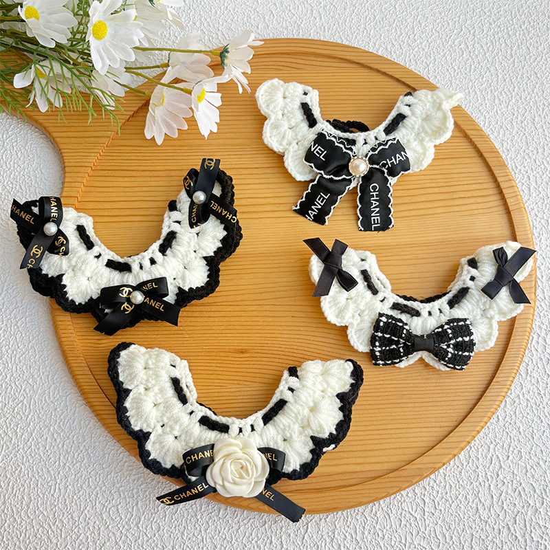 25秋宠物针织围脖小香风猫咪围领公主风黑色狗狗围巾蝴蝶结口水巾