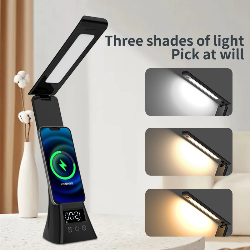 Lámpara de escritorio LED plegable multifuncional calendario reloj de escritorio para aprender a leer lámpara de escritorio protector de ojos 15W lámpara de escritorio de carga inalámbrica