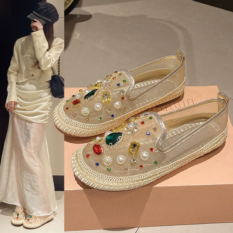 Сетчатая фасоль обувь женская весна 2025 года новая корейская версия плоские стразы модные ножки повседневная обувь рыбак обувь женская