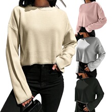 跨境外贸秋冬新款宽松短款套头毛衣亚马逊独立站高腰撞色针织衫女