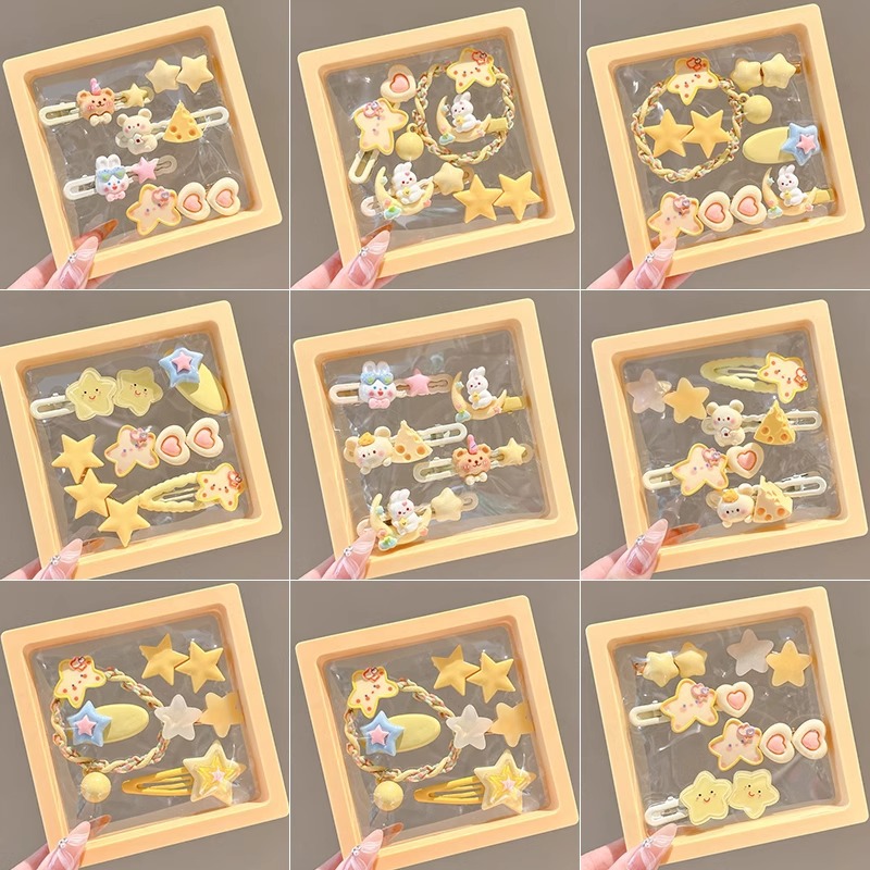 Cartoon series amarillo conjunto de estrellas toque de cabello de alto valor de cara dulce chica viento lateral clip de cabello toque de cabello adornamiento