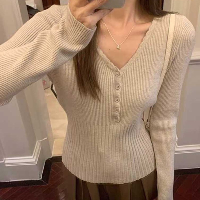 韩系V领纯色针织打底衫女秋冬季内搭外穿高级感收腰显瘦长袖上衣|undefined