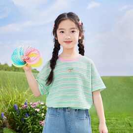女童条纹短袖T恤2025夏季儿童中大童圆领休闲上衣女孩洋气半袖衫T