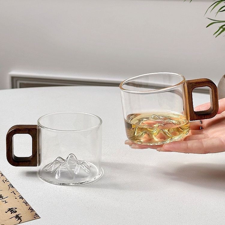 Tasas de té creativas con mango de madera casera, tazas de vidrio de pequeña capacidad, tazas de vidrio resistentes al calor, tazas de té