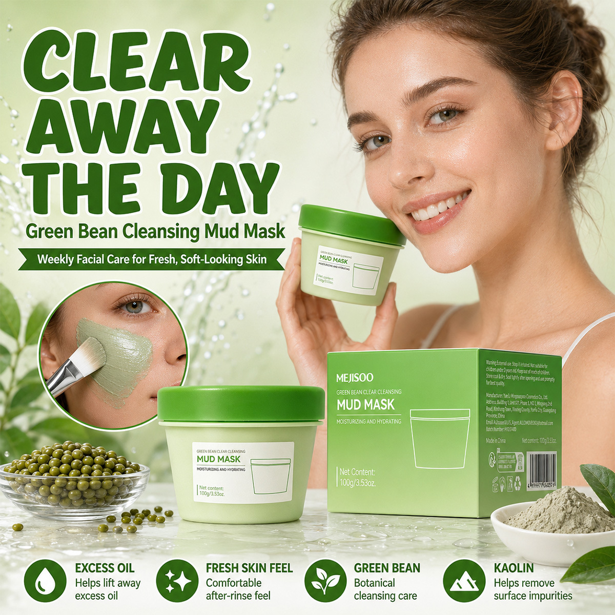 Cross-border Mud Mask Mung Bean Purifying Cleansing Clay Mask Deep Cleansing Soothing Moisturizing Apply-on Facial Clay Mask