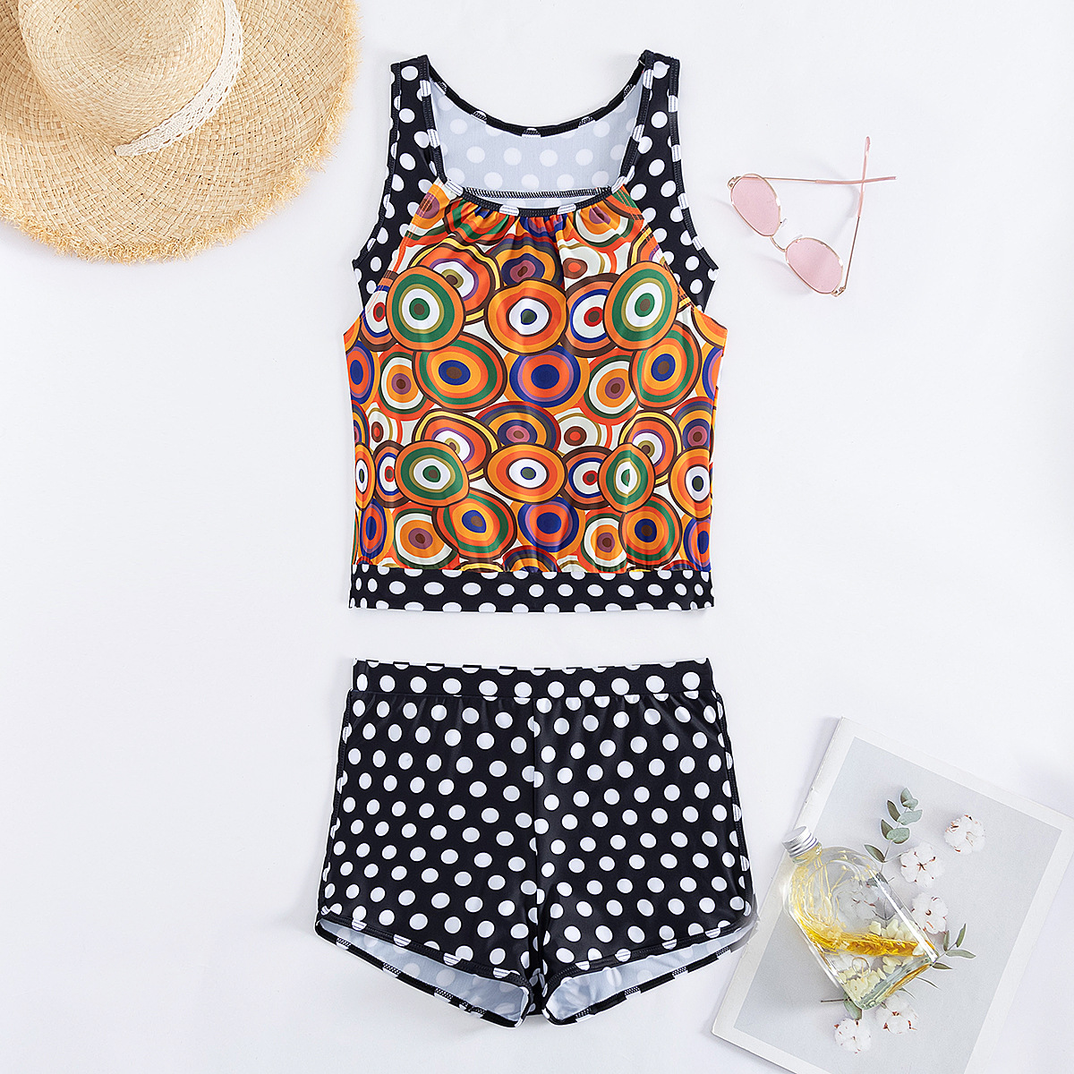 Nuevo estilo de comercio exterior europeo y americano, traje de baño conservador con estampado de lunares, bóxer dividido transfronterizo para mujer, traje de baño tangini de dos piezas