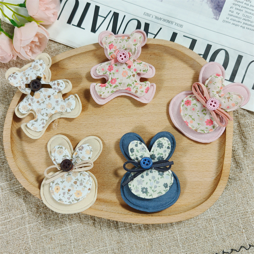 Japanese-style sweet color-blocked floral bear and rabbit fabric patches DIY handmade hair accessories bangs stickers magic stickers accessories
