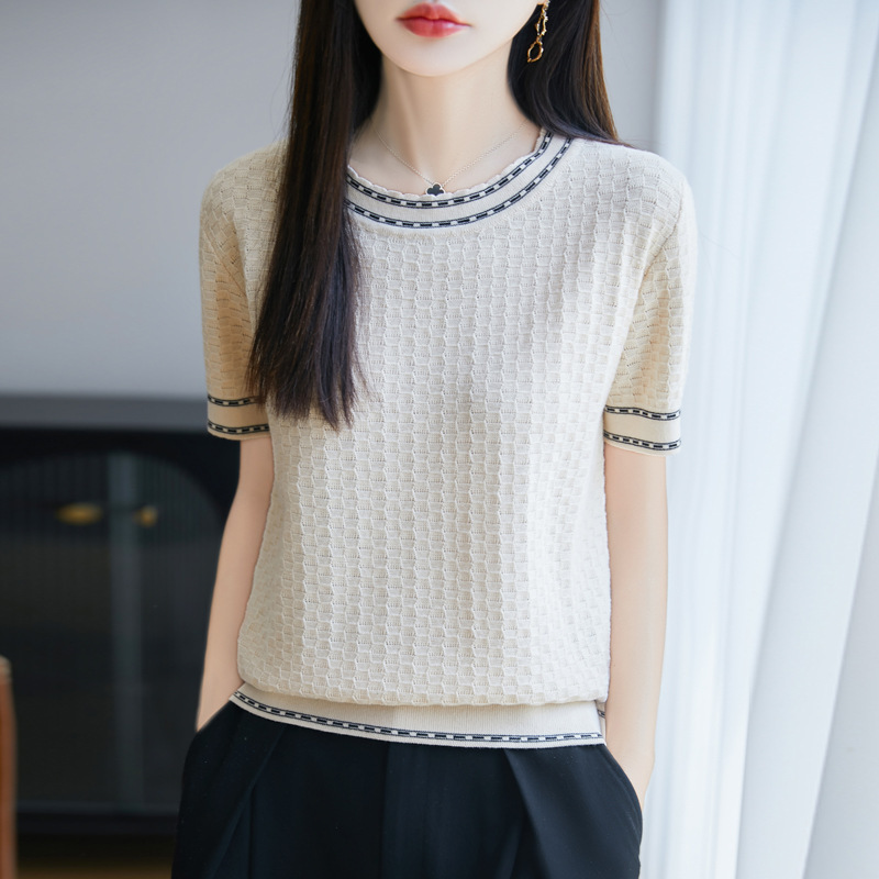 25 Years New Summer Pure Cotton Round Neck Knitwear Short-Sleeved T-Shirt Women's Dotted Line Color Matching Pullover Bottoming Shirt Top
