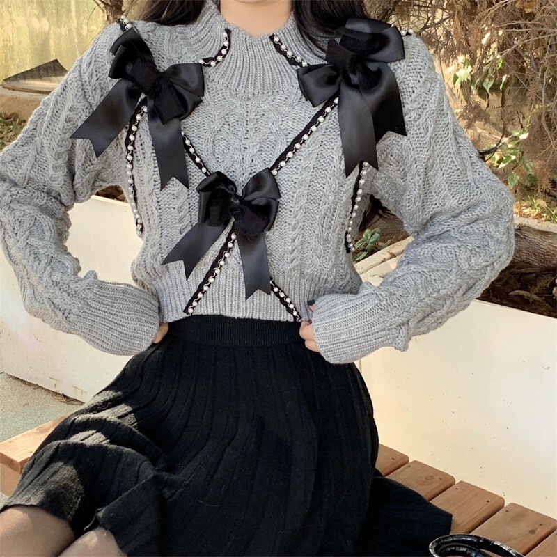 Star Same Style 2024 New Design Sense Niche Bow Heavy Industry Bead Short Knitted Sweater Elegant Knitted Sweater