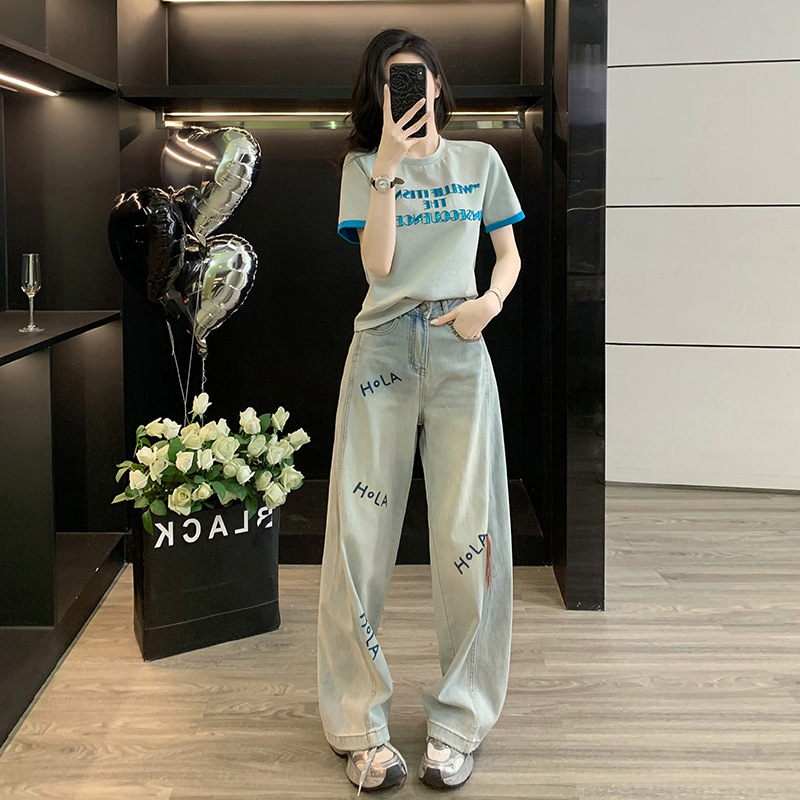 Round Neck Embroidered Short-Sleeved T-Shirt, Slimming and Versatile, Summer 2026 New Style, Internet Celebrity Fashion Wide-Leg Jeans Two-Piece Set