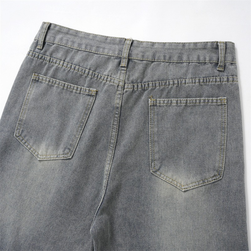 Men's Retro Patchwork Curved Blade Jeans mid Waist Loose Straight Leg Slightly Flared Pants Autumn/Winter American Style Blue_mkmklike.com