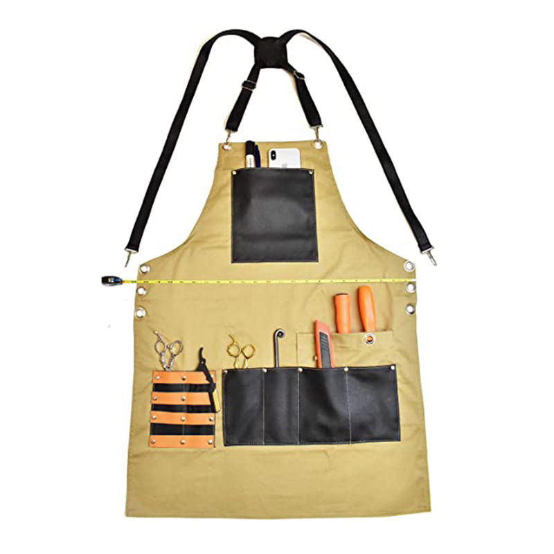 Amazon lienzo grueso delantal logotipo impreso peluquero delantal bolsillo pu cuero multifuncional delantal fábrica al por mayor