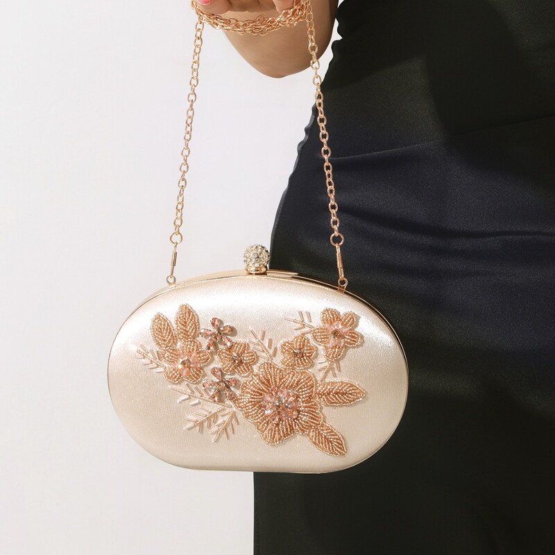 Retro New Chinoiserie Heavy Bead Embroidered Beaded Flower Cheongsam Clutch Bag Satin Bridal Wedding Dinner Bag
