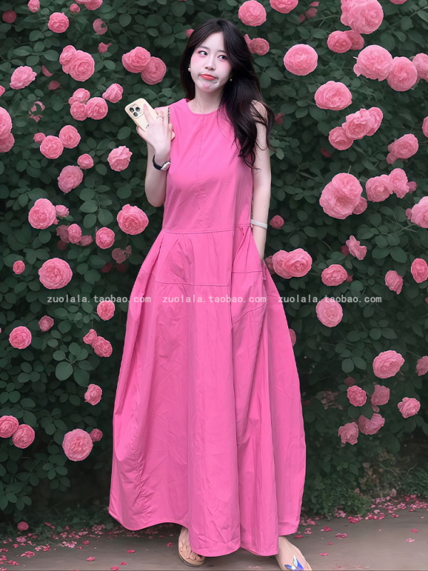 法式多巴胺玫粉色无袖背心连衣裙女夏季大码胖mm宽松收腰显瘦长裙|undefined